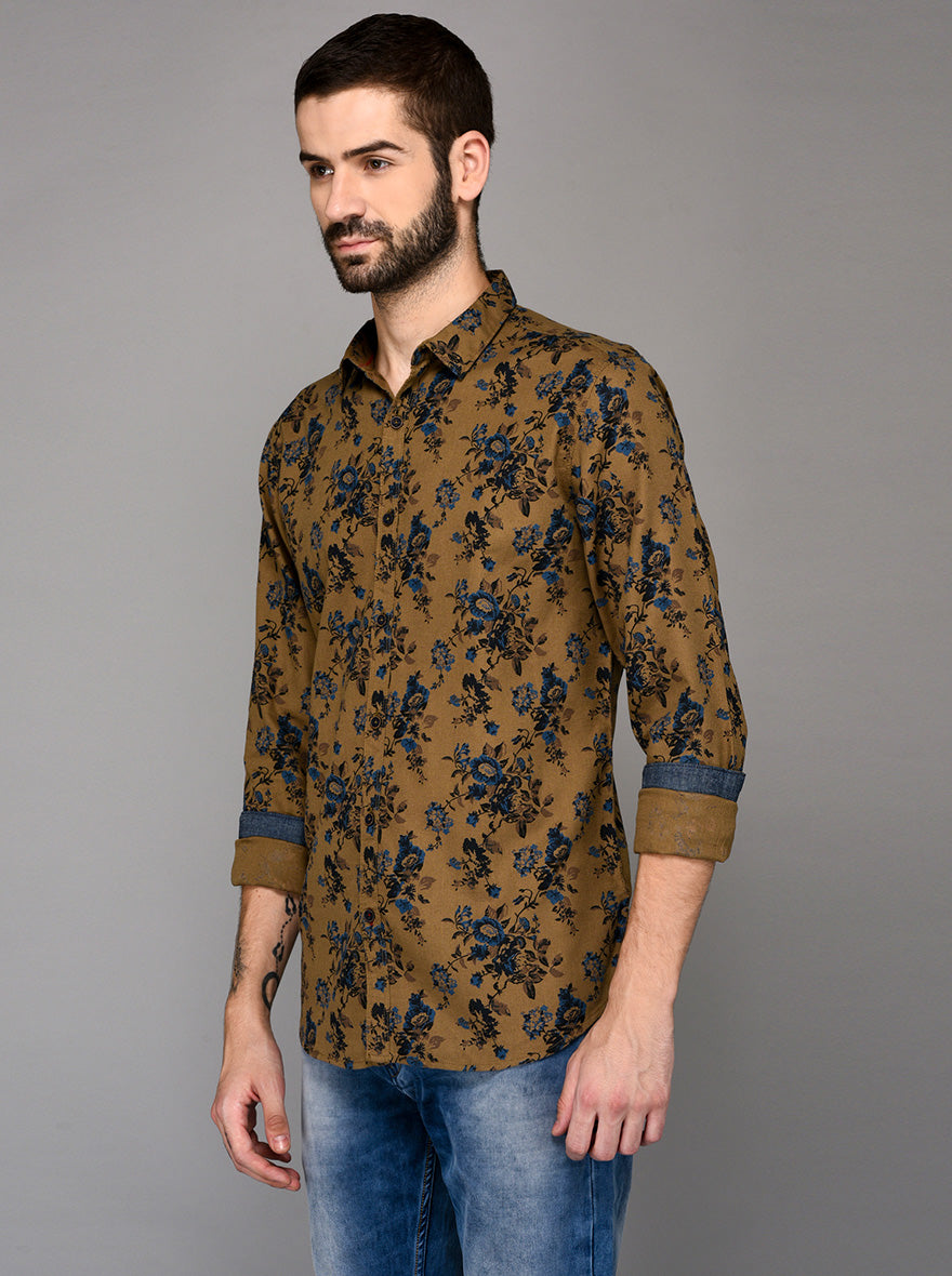 JB Sport Khaki Printed Slim Fit Casual Shirt
