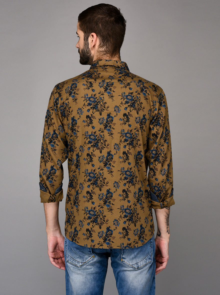 JB Sport Khaki Printed Slim Fit Casual Shirt