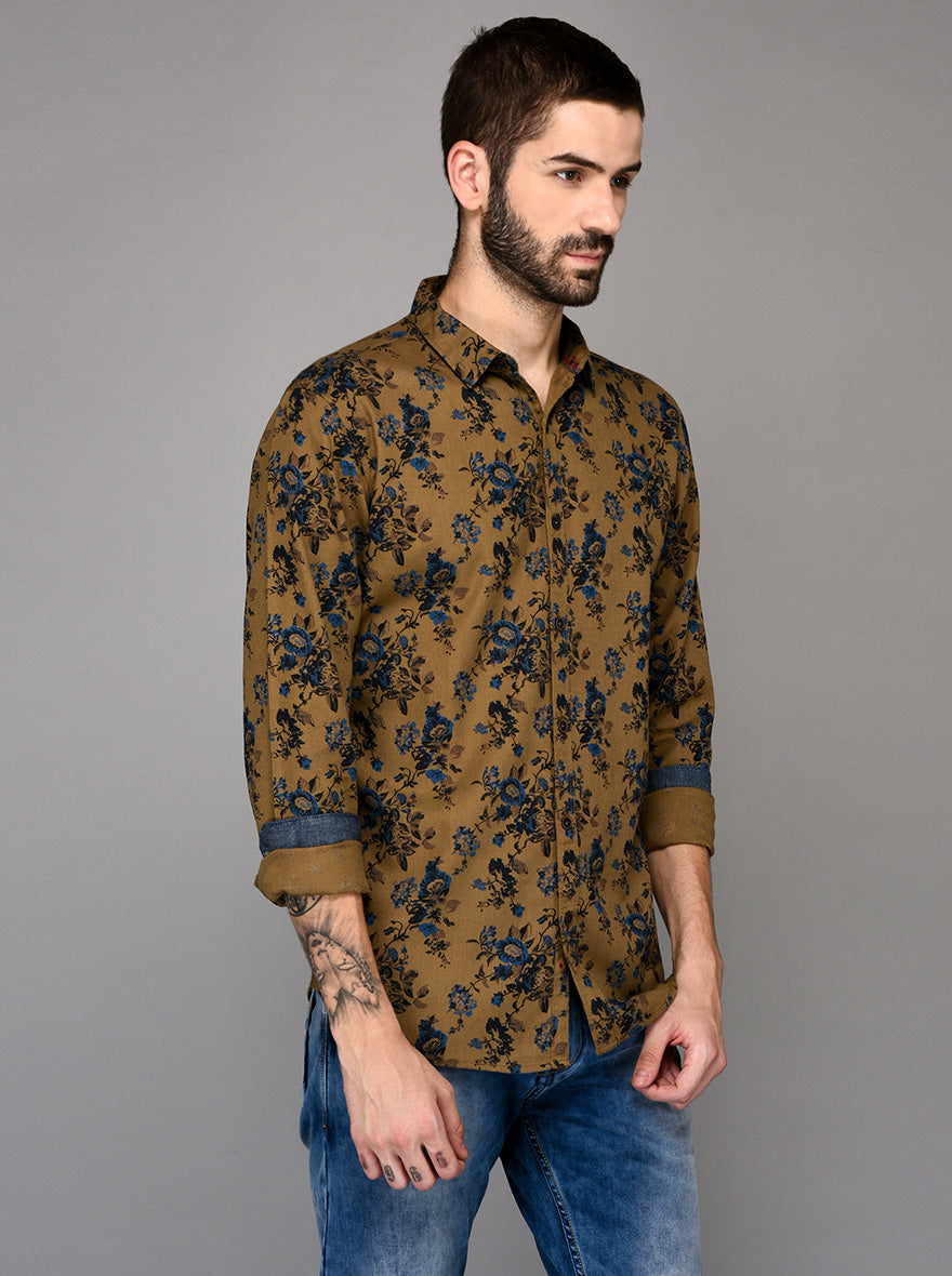 JB Sport Khaki Printed Slim Fit Casual Shirt