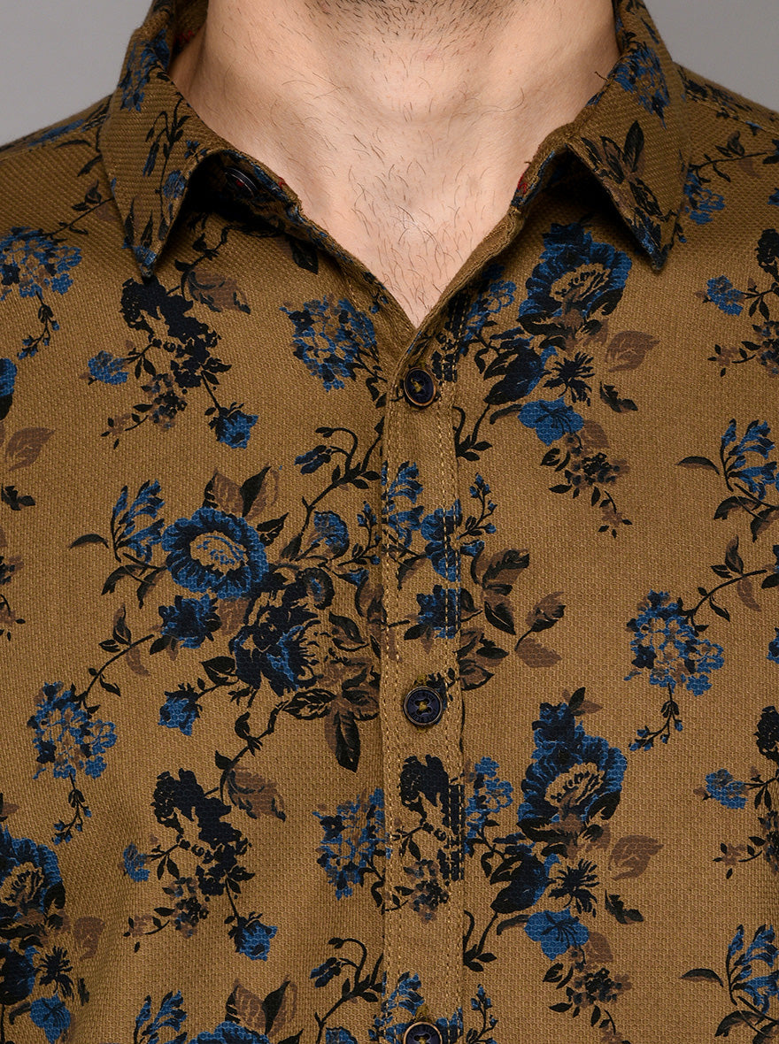 JB Sport Khaki Printed Slim Fit Casual Shirt