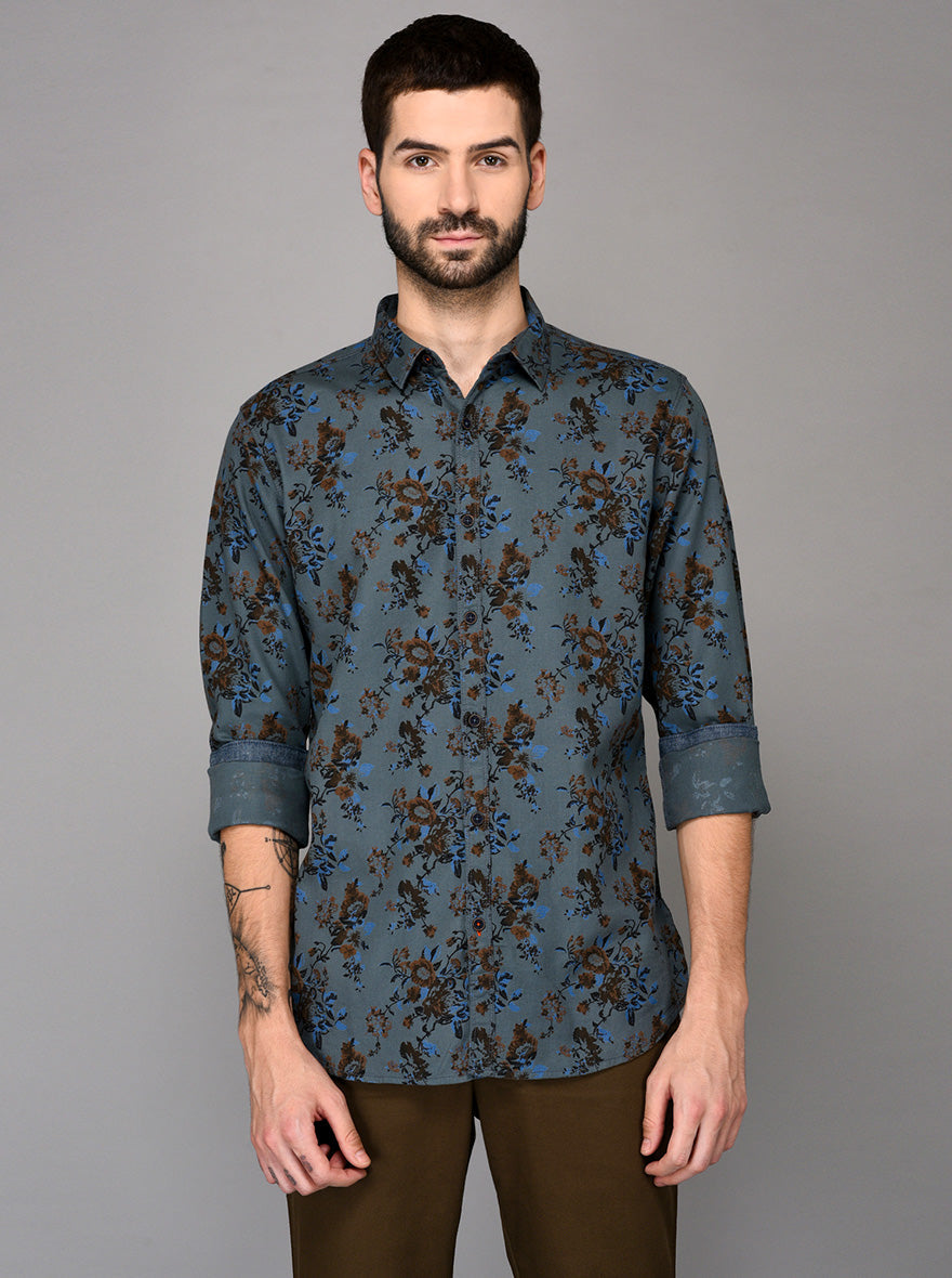 JB Sport Blue Printed Slim Fit Casual Shirt