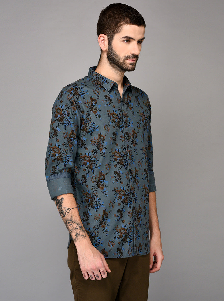 JB Sport Blue Printed Slim Fit Casual Shirt