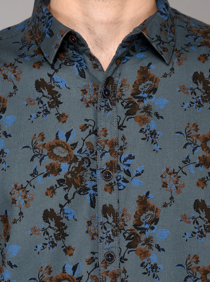 JB Sport Blue Printed Slim Fit Casual Shirt