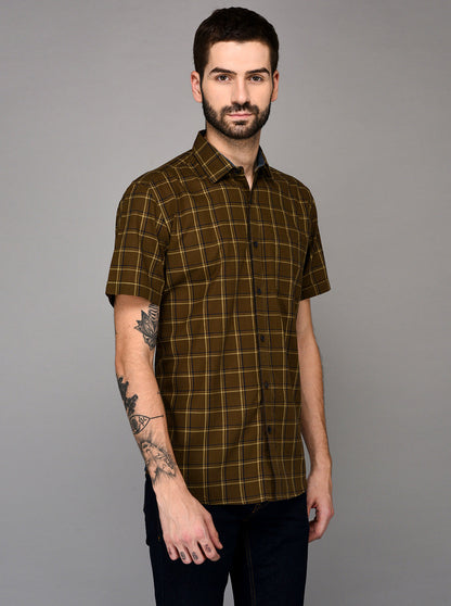 Brown Checked Slim Fit Casual Shirt | JB Sport
