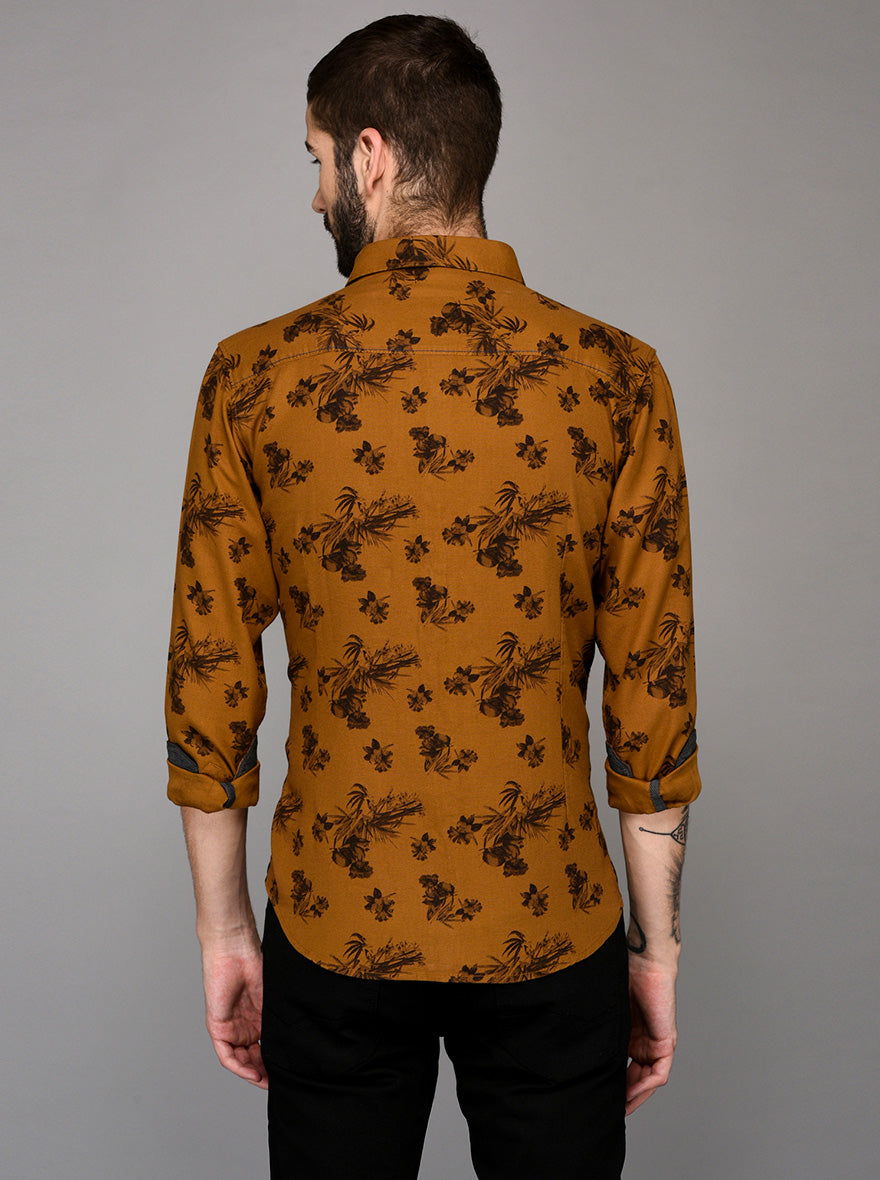 Greenfibre Brown Printed Slim Fit Casual Shirt