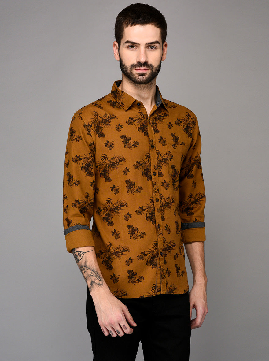 Greenfibre Brown Printed Slim Fit Casual Shirt