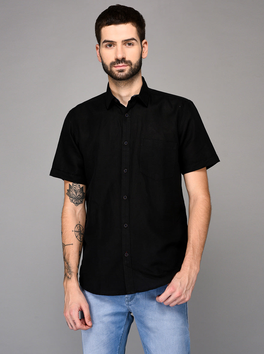 Black Self Textured Slim Fit Casual Shirt | JB Sport