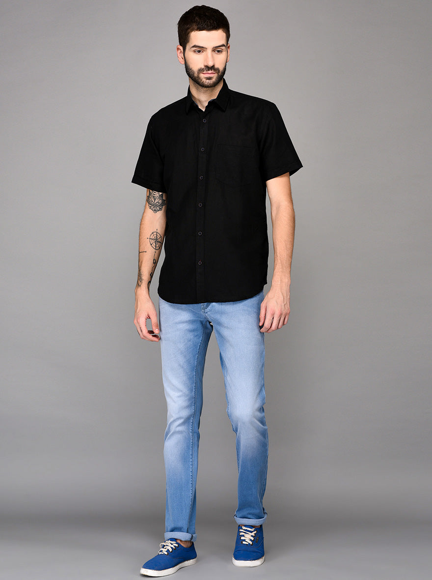 Black Self Textured Slim Fit Casual Shirt | JB Sport