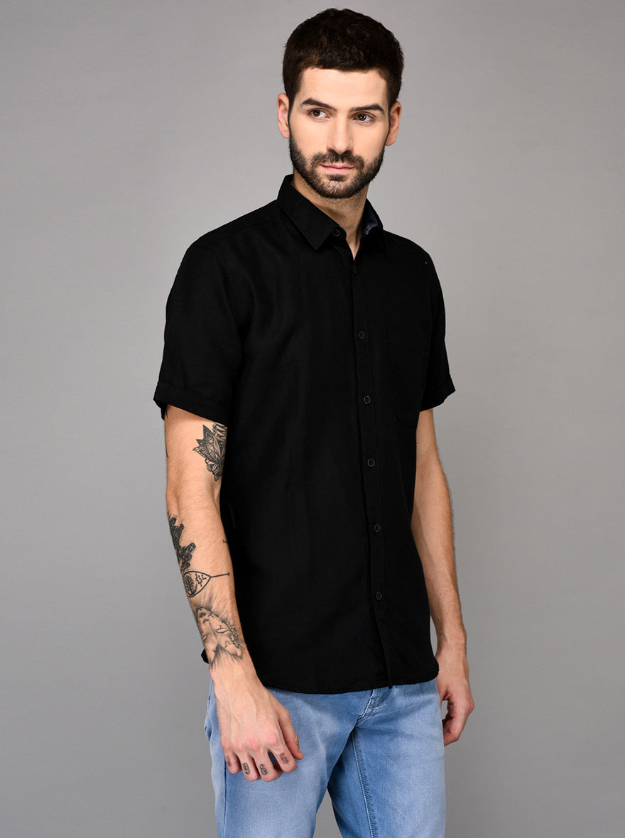 Black Self Textured Slim Fit Casual Shirt | JB Sport