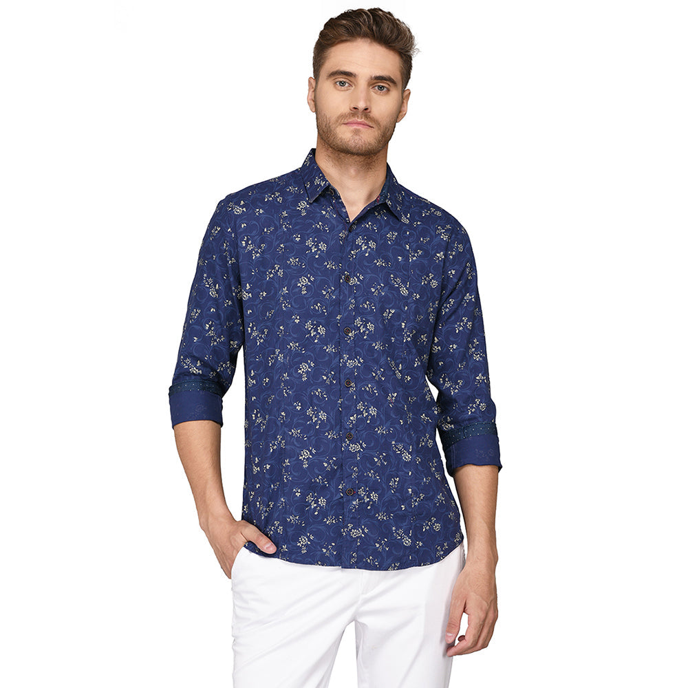 JB Sport Dark Blue Printed Slim Fit Casual Shirt