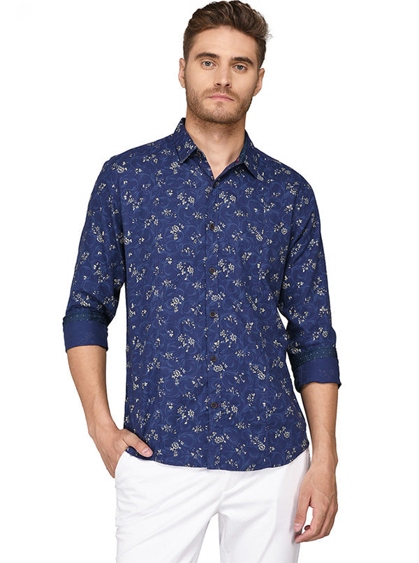 JB Sport Dark Blue Printed Slim Fit Casual Shirt