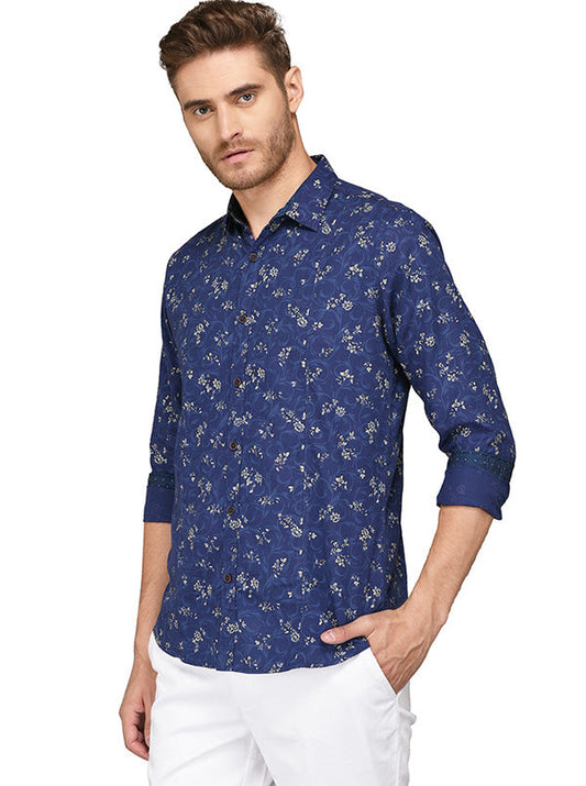 JB Sport Dark Blue Printed Slim Fit Casual Shirt