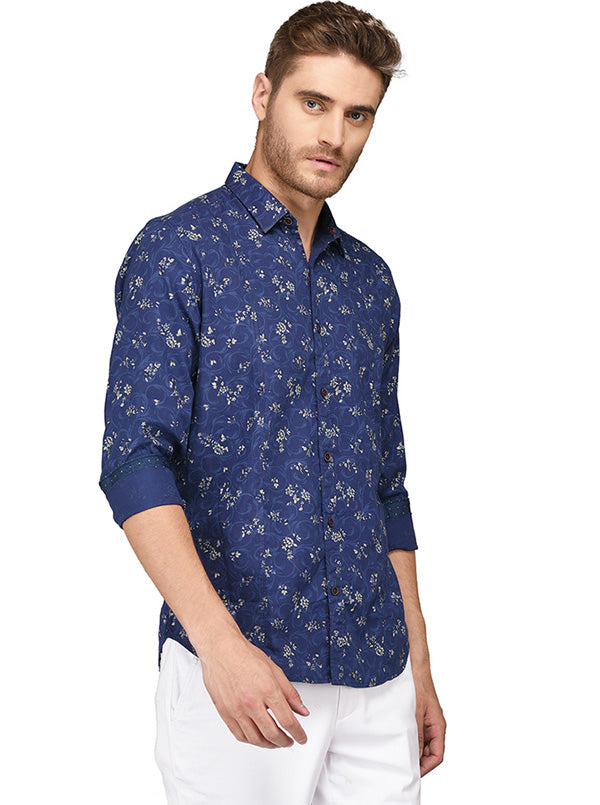 JB Sport Dark Blue Printed Slim Fit Casual Shirt