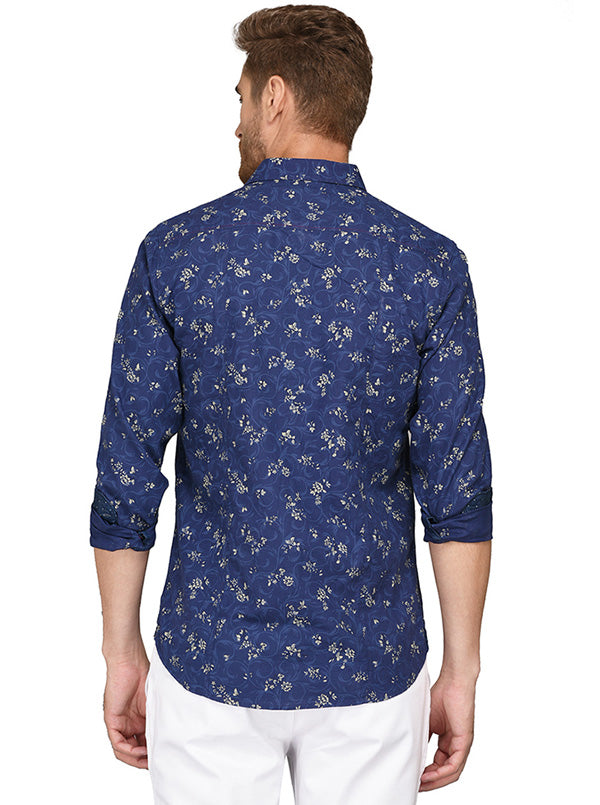 JB Sport Dark Blue Printed Slim Fit Casual Shirt