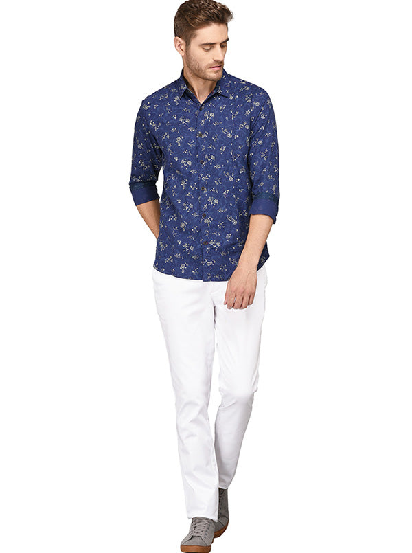 JB Sport Dark Blue Printed Slim Fit Casual Shirt