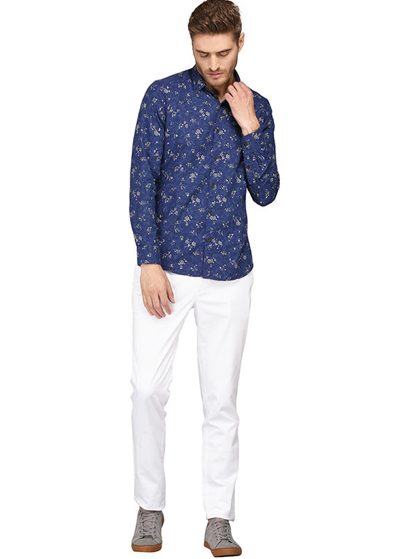 JB Sport Dark Blue Printed Slim Fit Casual Shirt