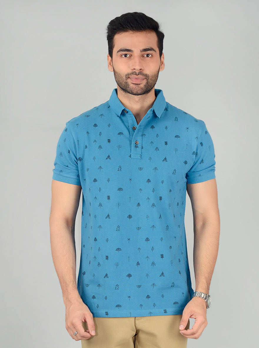 Ocean Blue Printed Slim Fit Polo T-Shirt | JB Sport