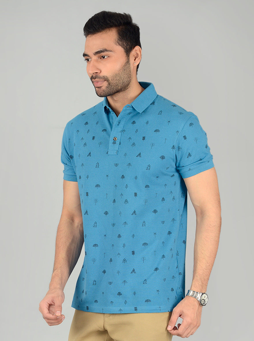 Ocean Blue Printed Slim Fit Polo T-Shirt | JB Sport