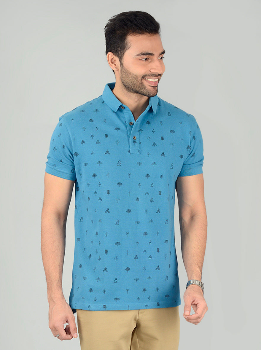 Ocean Blue Printed Slim Fit Polo T-Shirt | JB Sport