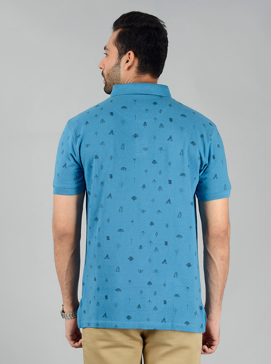 Ocean Blue Printed Slim Fit Polo T-Shirt | JB Sport
