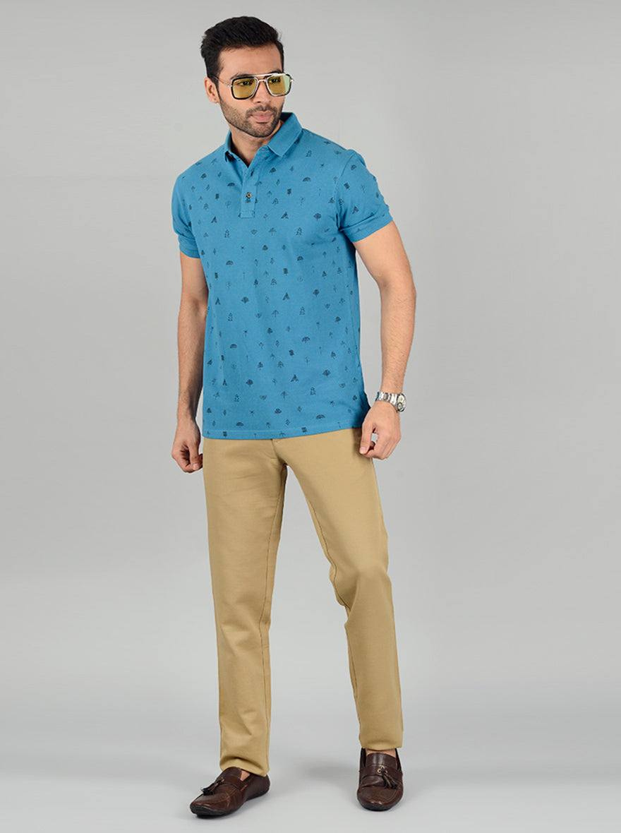 Ocean Blue Printed Slim Fit Polo T-Shirt | JB Sport