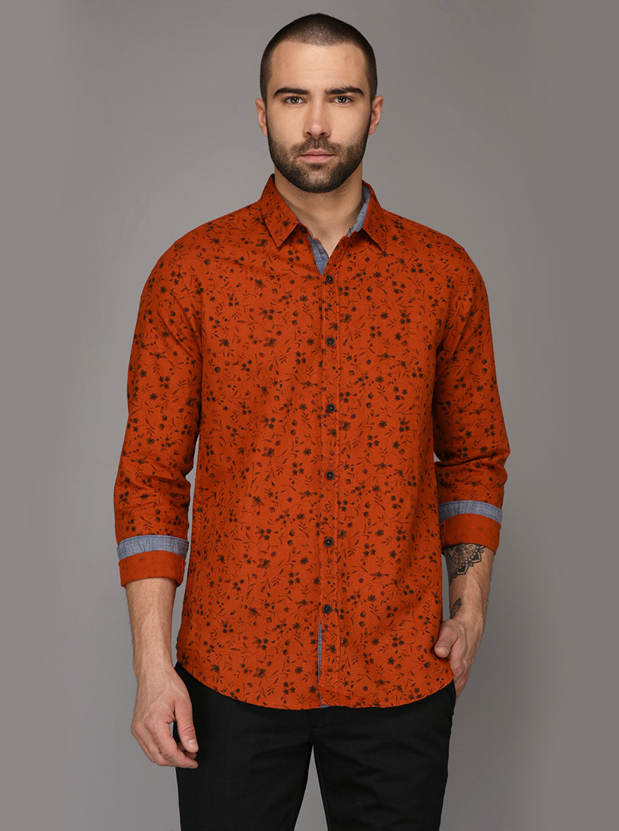 JB Sport Dark Orange Printed Slim Fit Casual Shirt