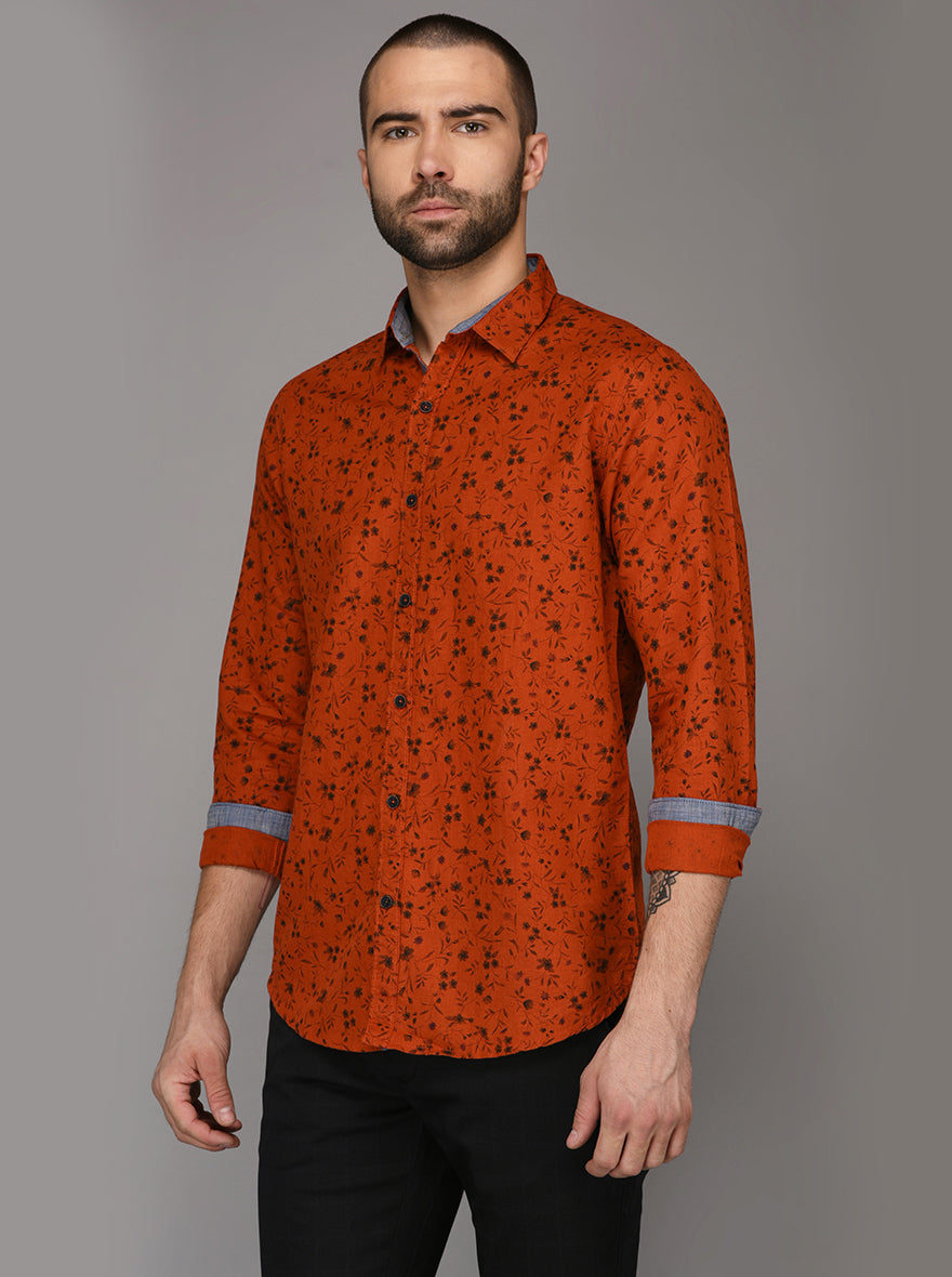 JB Sport Dark Orange Printed Slim Fit Casual Shirt