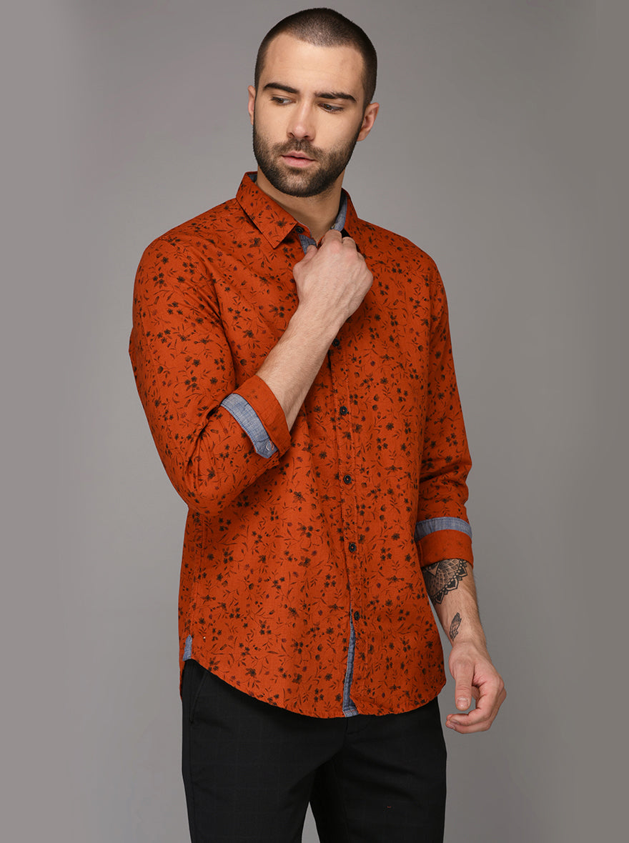 JB Sport Dark Orange Printed Slim Fit Casual Shirt