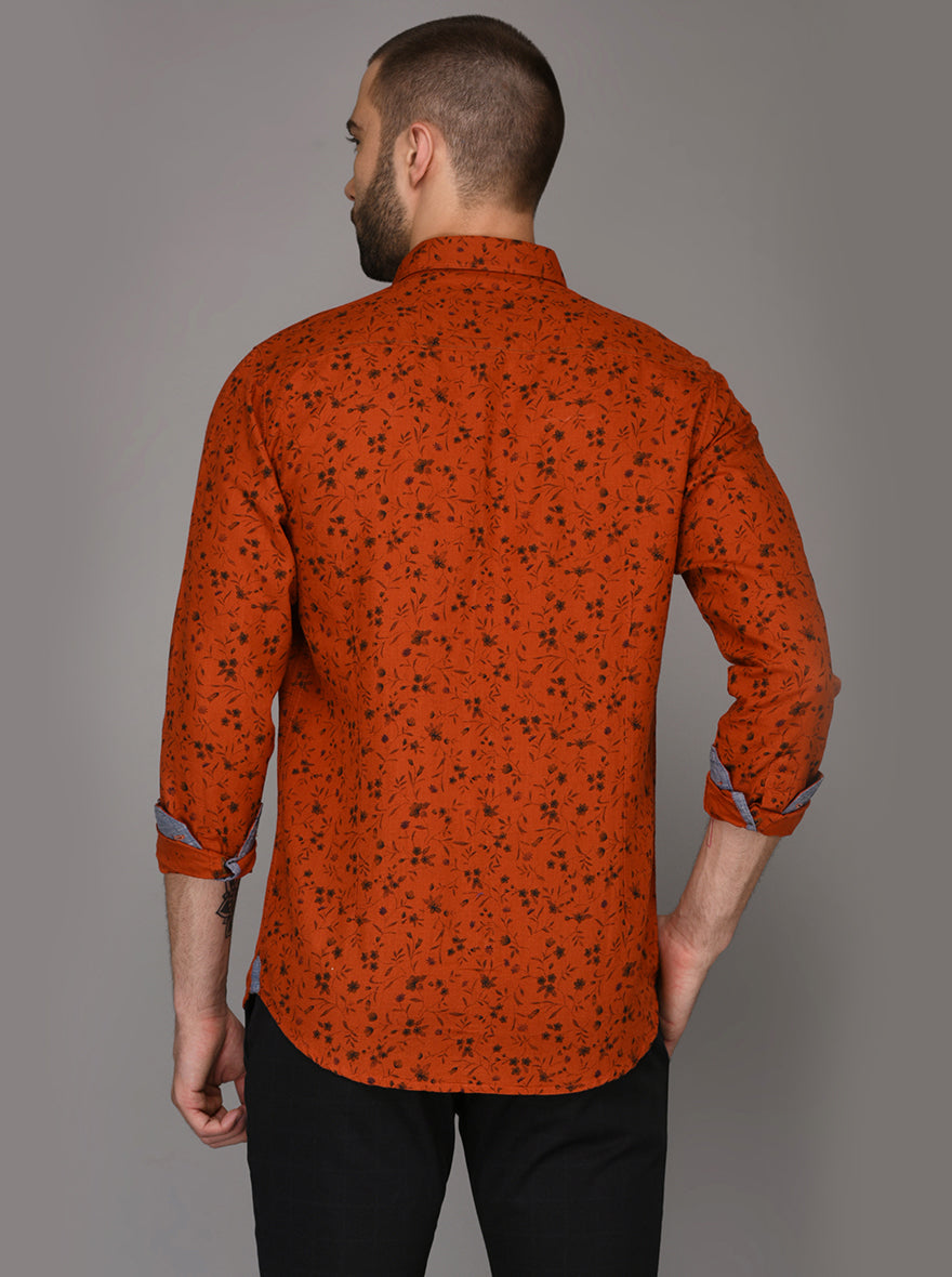 JB Sport Dark Orange Printed Slim Fit Casual Shirt