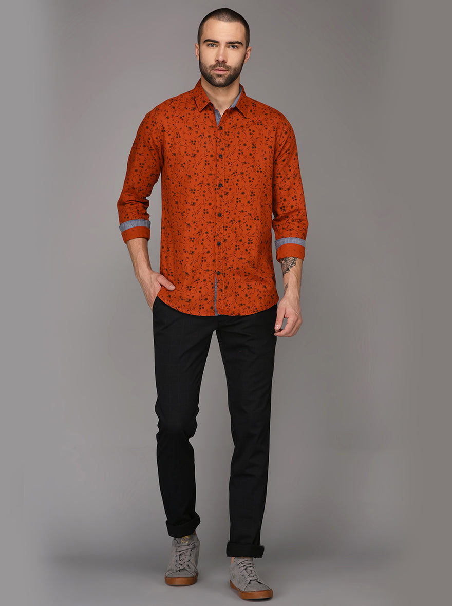 JB Sport Dark Orange Printed Slim Fit Casual Shirt