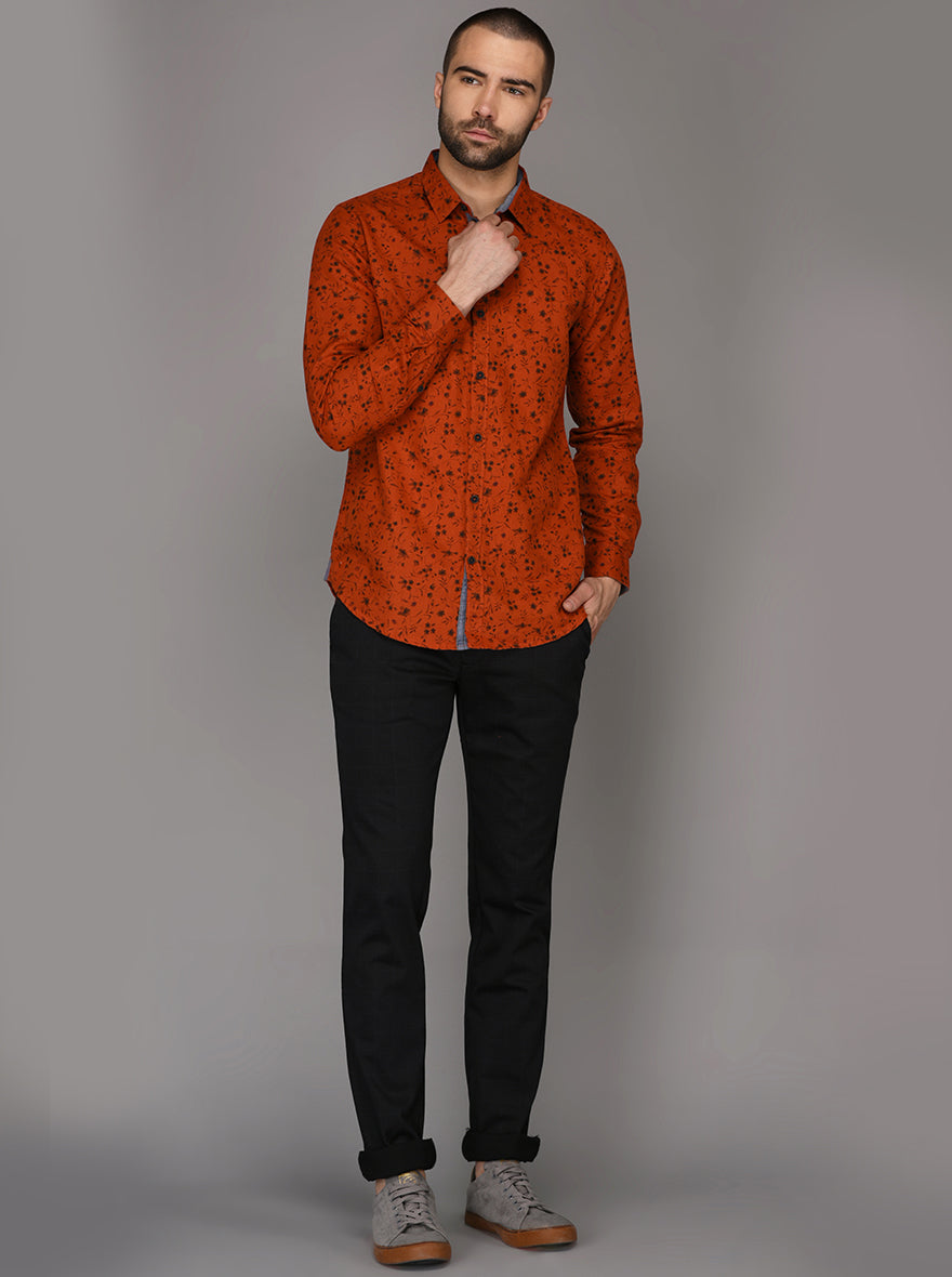 JB Sport Dark Orange Printed Slim Fit Casual Shirt