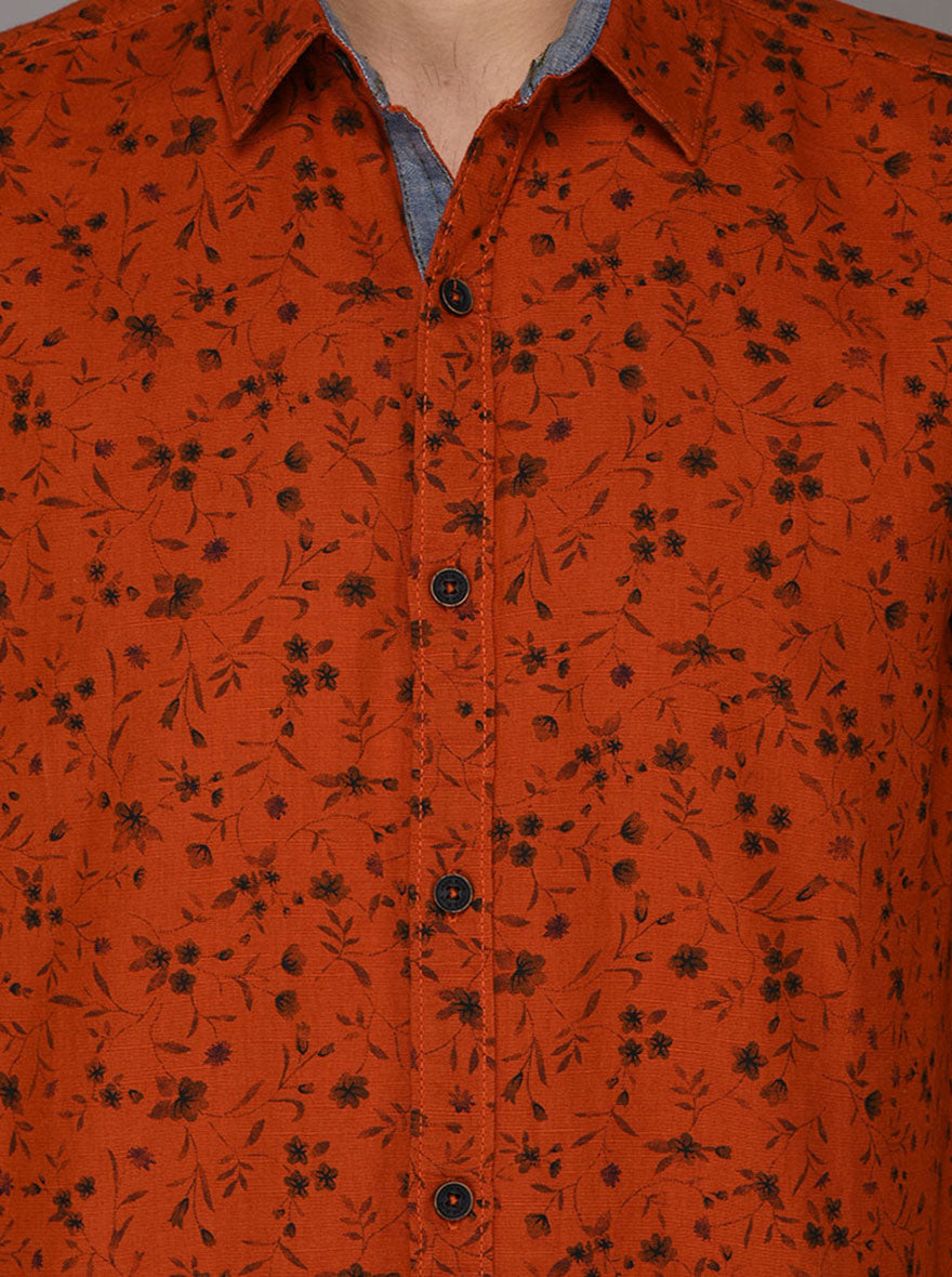 JB Sport Dark Orange Printed Slim Fit Casual Shirt