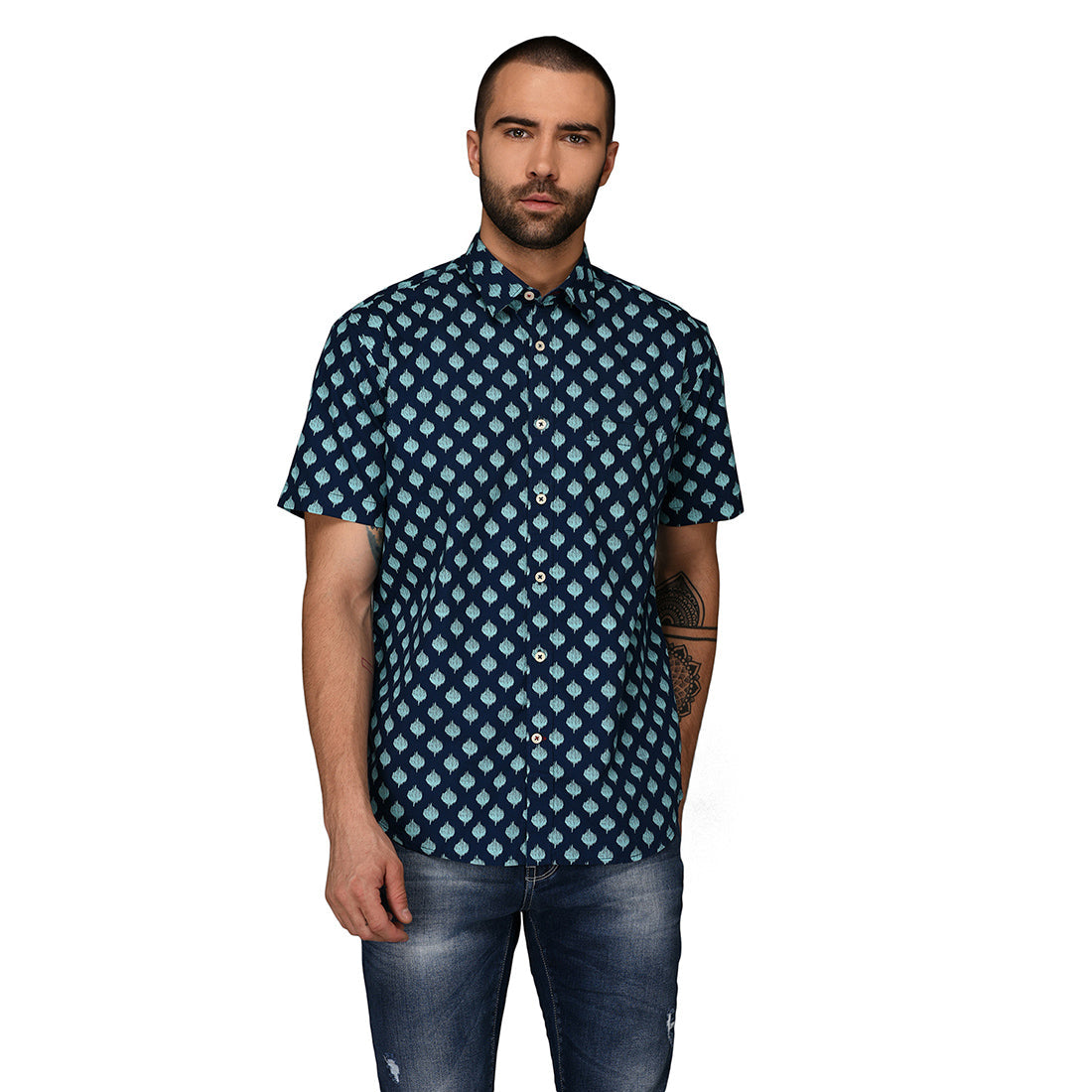 Greenfibre Blue Printed Regular Fit Casual Shirt