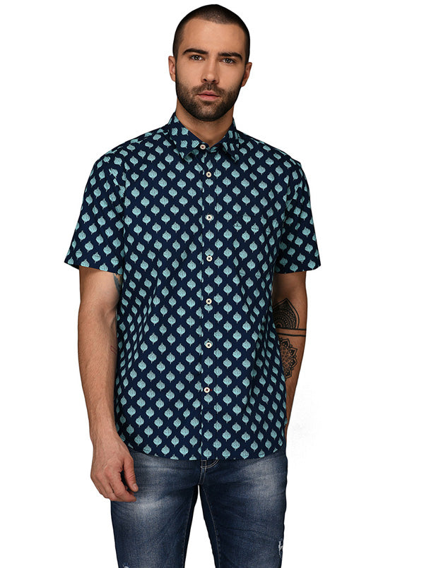 Greenfibre Blue Printed Regular Fit Casual Shirt