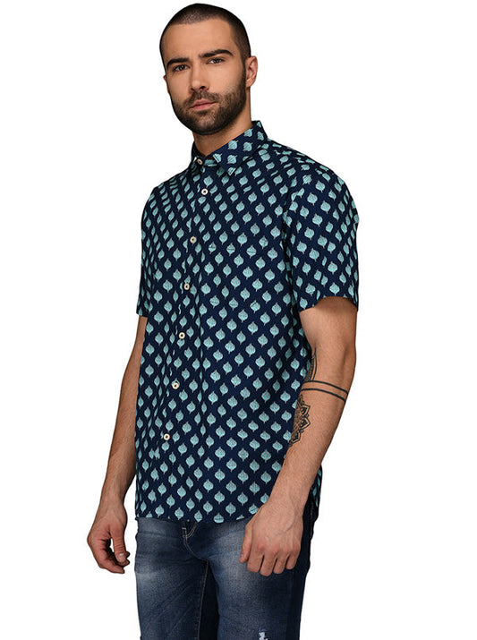 Greenfibre Blue Printed Regular Fit Casual Shirt