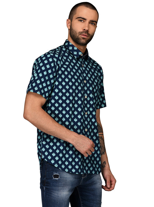 Greenfibre Blue Printed Regular Fit Casual Shirt