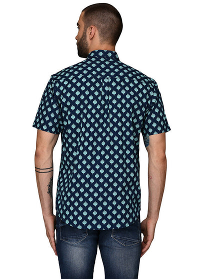 Greenfibre Blue Printed Regular Fit Casual Shirt