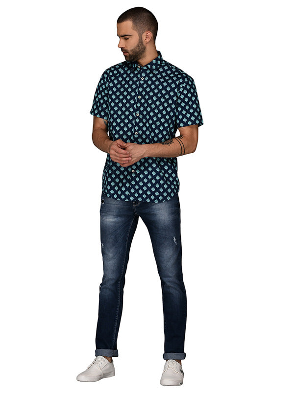 Greenfibre Blue Printed Regular Fit Casual Shirt