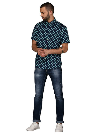 Greenfibre Blue Printed Regular Fit Casual Shirt