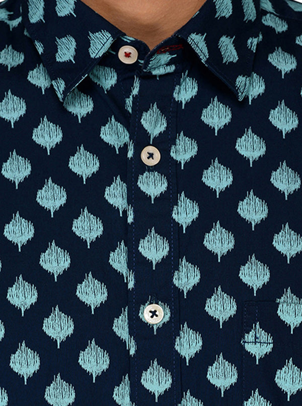 Greenfibre Blue Printed Regular Fit Casual Shirt