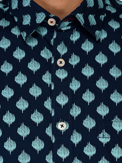 Greenfibre Blue Printed Regular Fit Casual Shirt