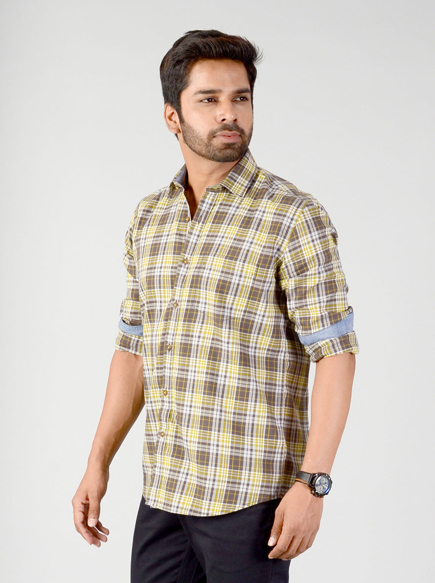 Warm Yellow Checked Smart Fit Casual Shirt | Greenfibre