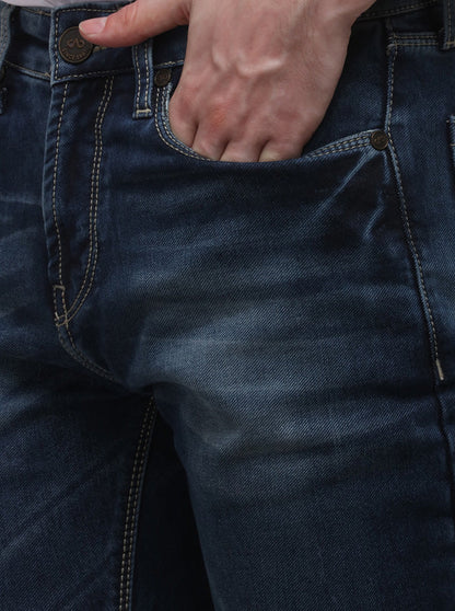 Dark Blue Straight Fit Solid Jeans | JB Sport