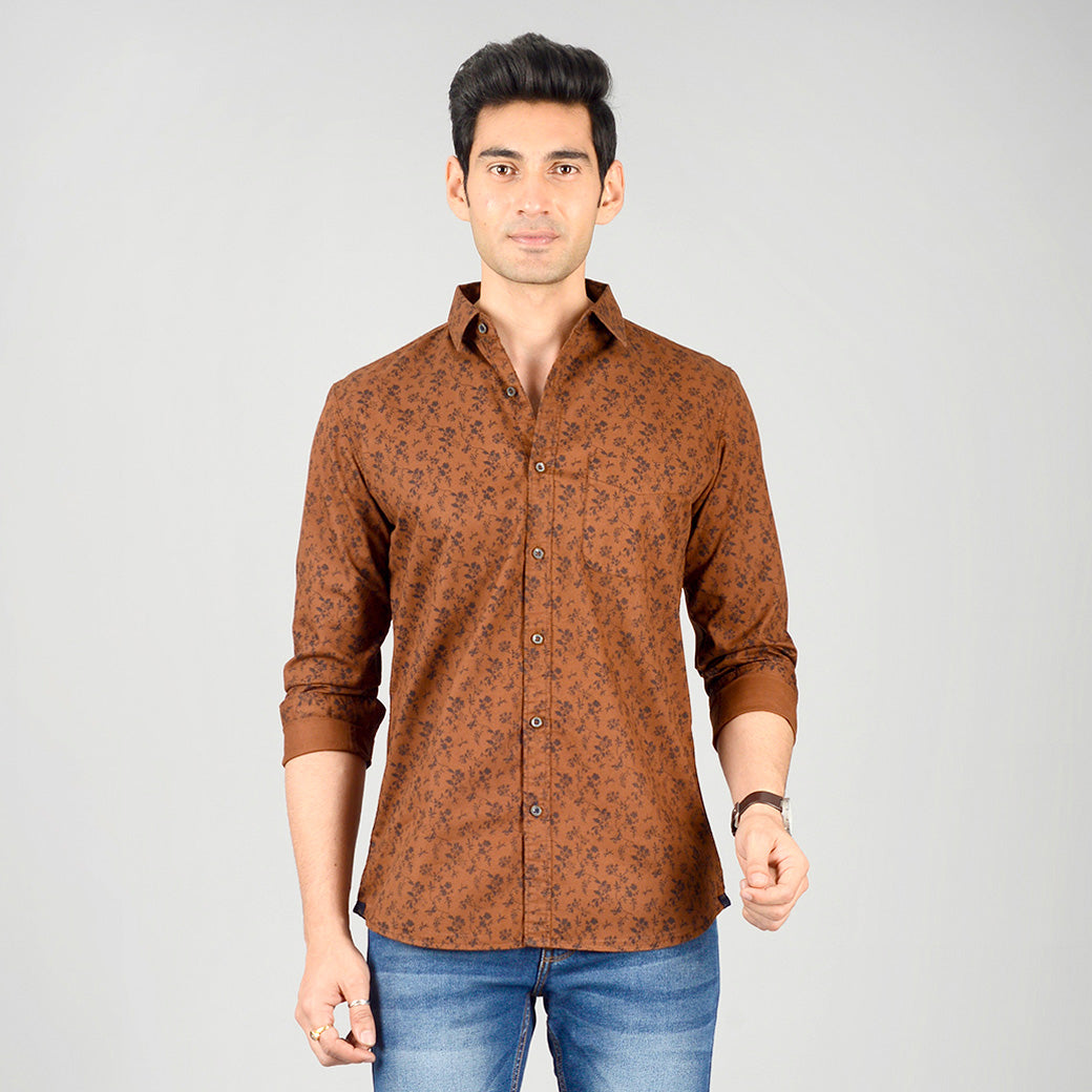 Brown Printed Slim Fit Casual Shirt | JB Sport