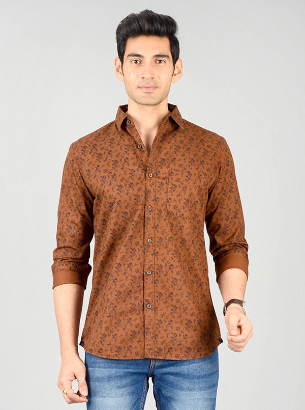 Brown Printed Slim Fit Casual Shirt | JB Sport