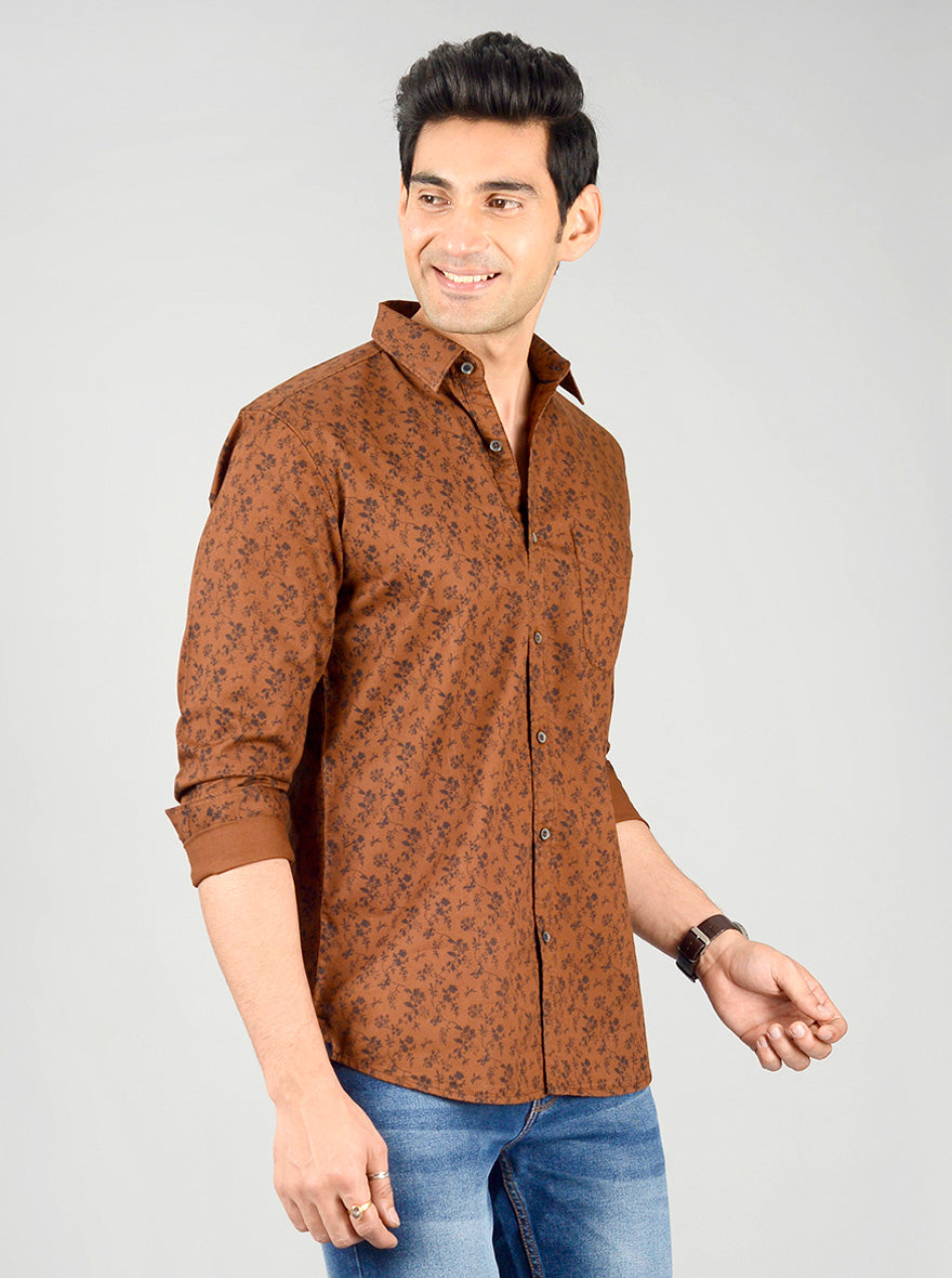 Brown Printed Slim Fit Casual Shirt | JB Sport