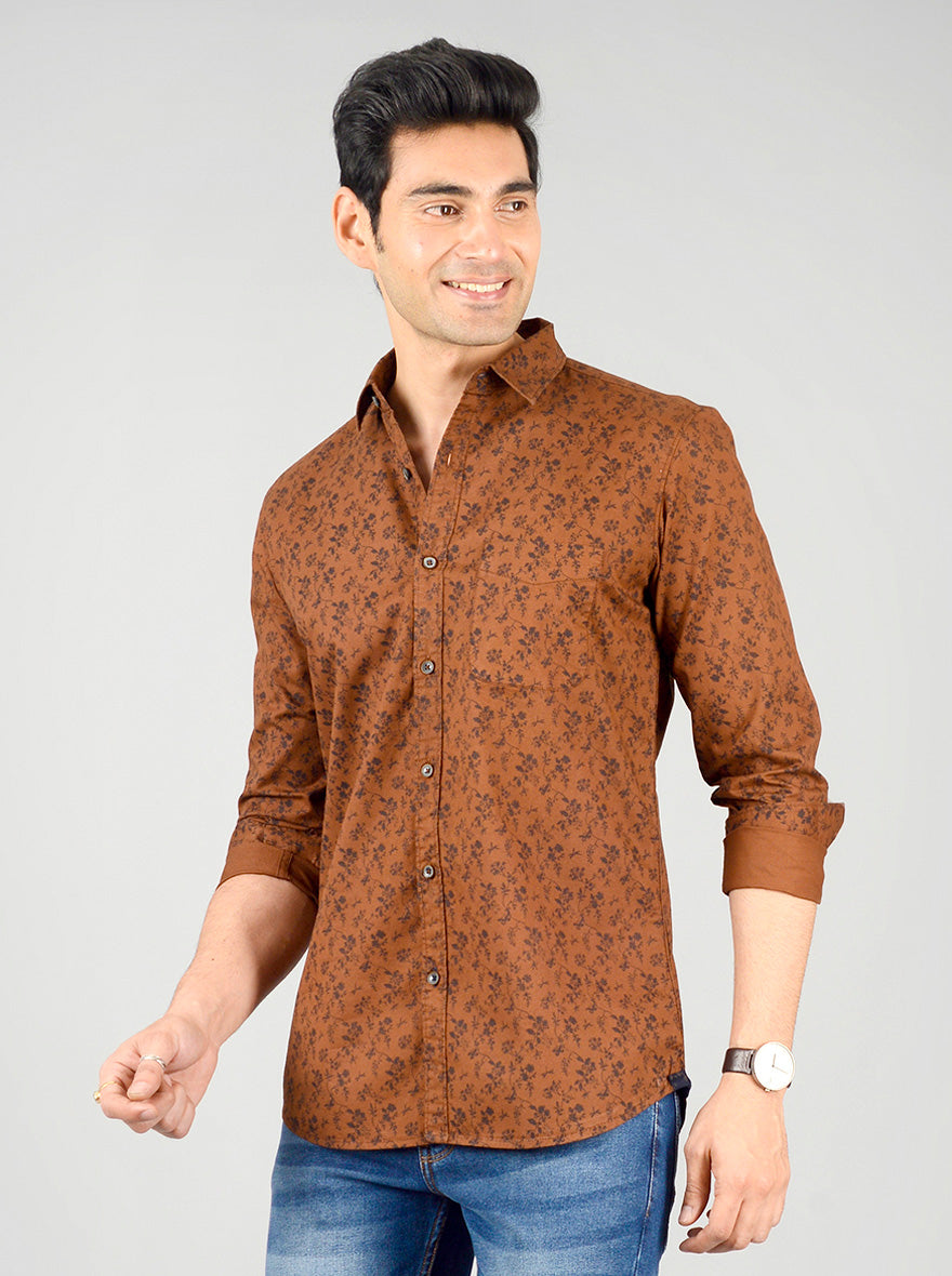 Brown Printed Slim Fit Casual Shirt | JB Sport