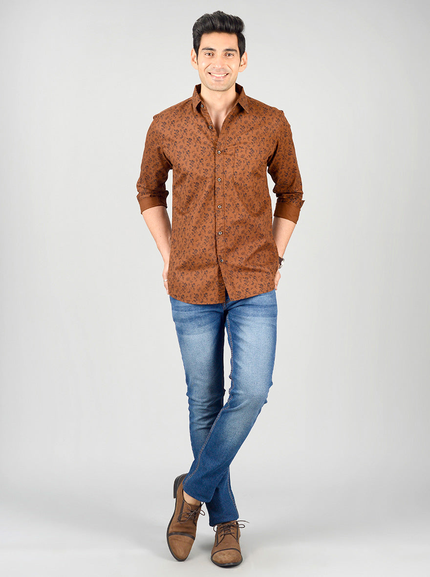 Brown Printed Slim Fit Casual Shirt | JB Sport