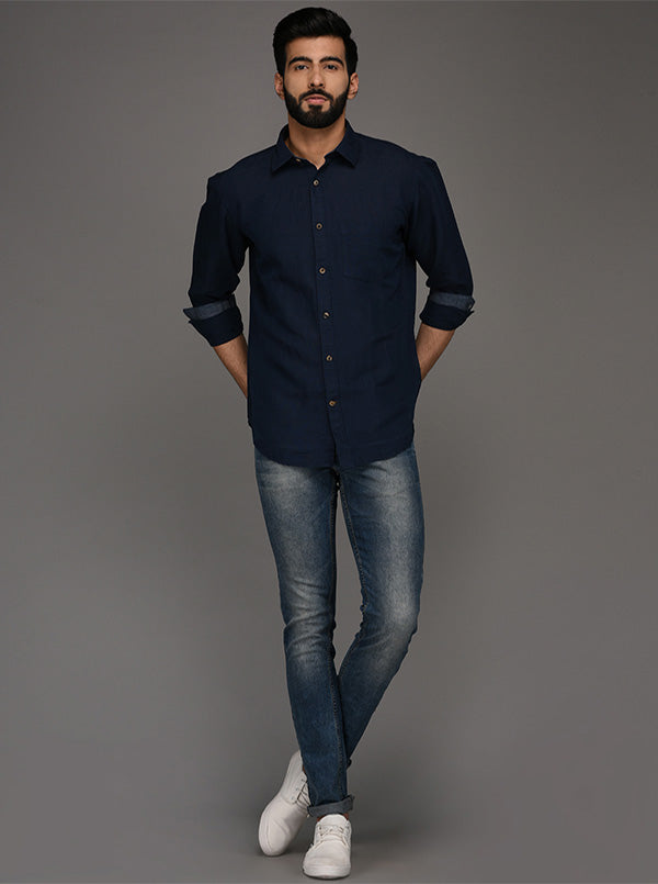 Blue Solid Slim Fit Casual Shirt | JB Sport