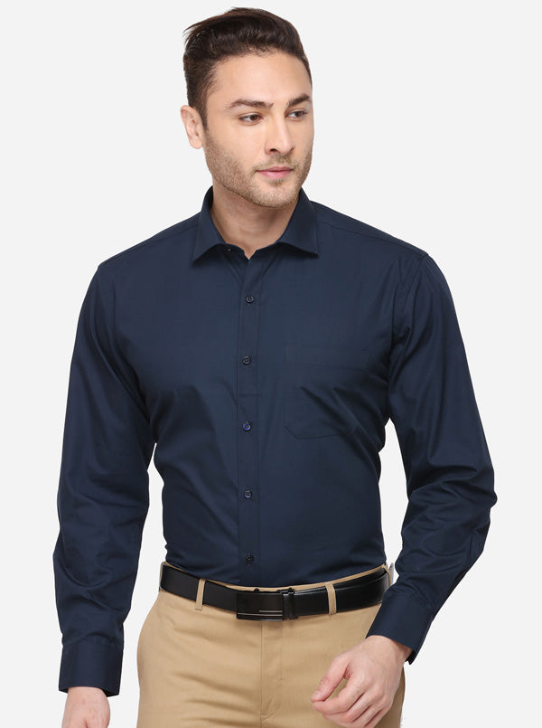 Navy Blue Solid Regular Fit Formal Shirt | Greenfibre